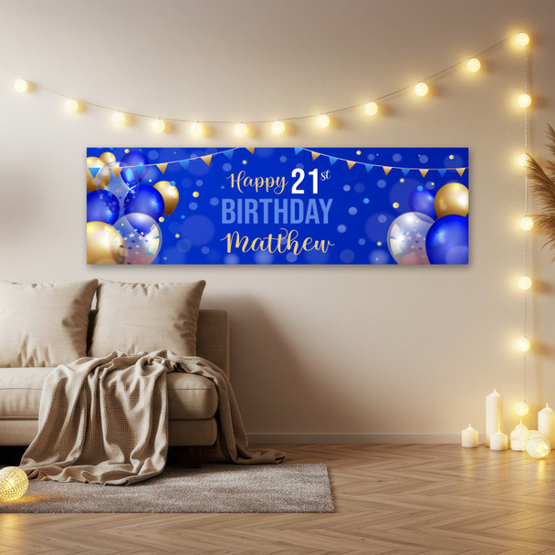 Personalised Party Banner For 21st Birthday Male Blue Gold Balloons