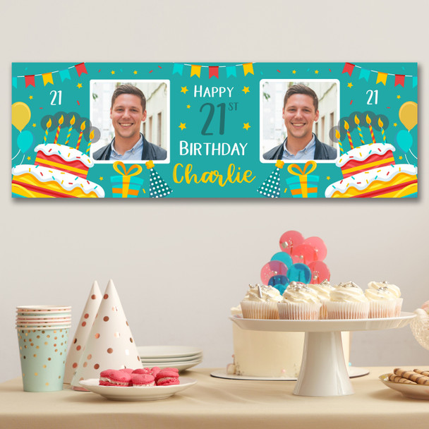 Personalised Party Banner For 21st Birthday With Photo Male Turquoise Cake