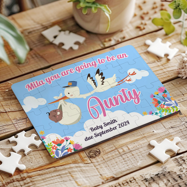 FREE WITH ORDERS OVER £30! - Aunty Pregnancy Announcement Gift Stork Dark Skin Baby Custom Wood Jigsaw Puzzle