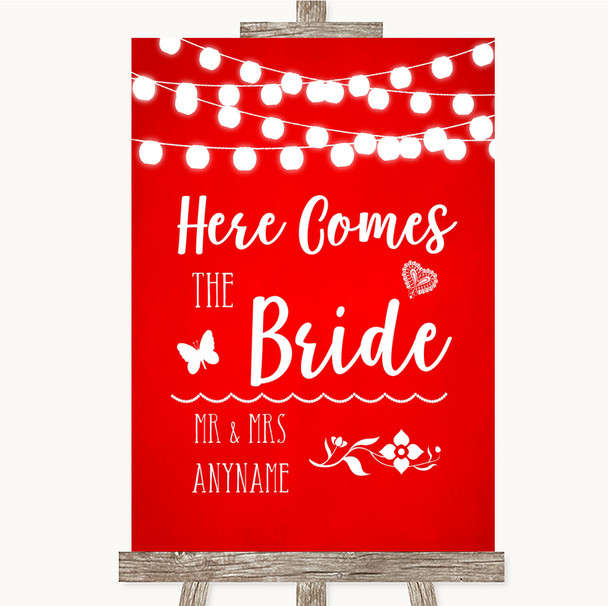 Red Watercolour Lights Here Comes Bride Aisle Personalised Wedding Sign