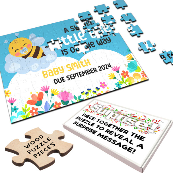 FREE WITH ORDERS OVER £30! - Baby Pregnancy Announcement Gift Bee Blue Personalised Wooden Jigsaw Puzzle