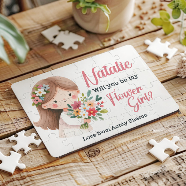 FREE WITH ORDERS OVER £30! - Will You Be My Flower Girl Gift Watercolour Girl Personalised Wood Jigsaw Puzzle