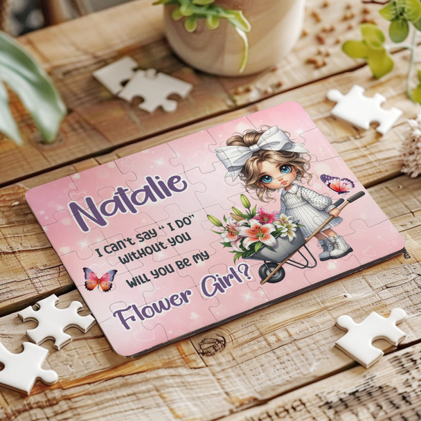 FREE WITH ORDERS OVER £30! - Will You Be My Flower Girl Gift White Dress Personalised Wooden Jigsaw Puzzle