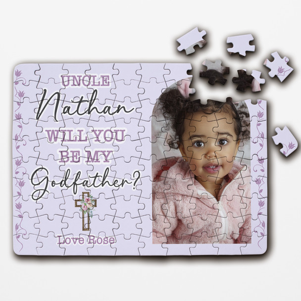 FREE WITH ORDERS OVER £30! - Will You Be My Godfather Gift Floral Cross Photo Personalised Wood Jigsaw Puzzle