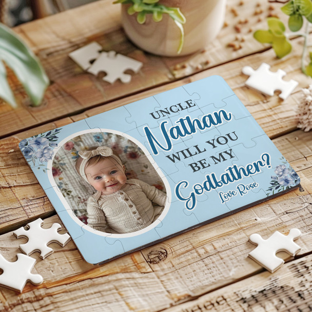 FREE WITH ORDERS OVER £30! - Will You Be My Godfather Gift Blue Flowers Photo Personalised Wood Jigsaw Puzzle