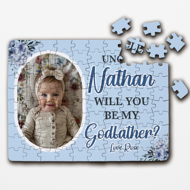 FREE WITH ORDERS OVER £30! - Will You Be My Godfather Gift Blue Flowers Photo Personalised Wood Jigsaw Puzzle