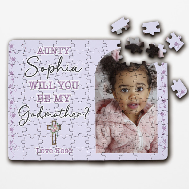 FREE WITH ORDERS OVER £30! - Will You Be My Godmother Gift Floral Cross Photo Personalised Wood Jigsaw Puzzle