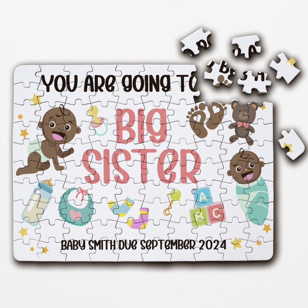 FREE WITH ORDERS OVER £30! - Big Sister Pregnancy Announcement Gift Dark Skin Baby Custom Wood Jigsaw Puzzle