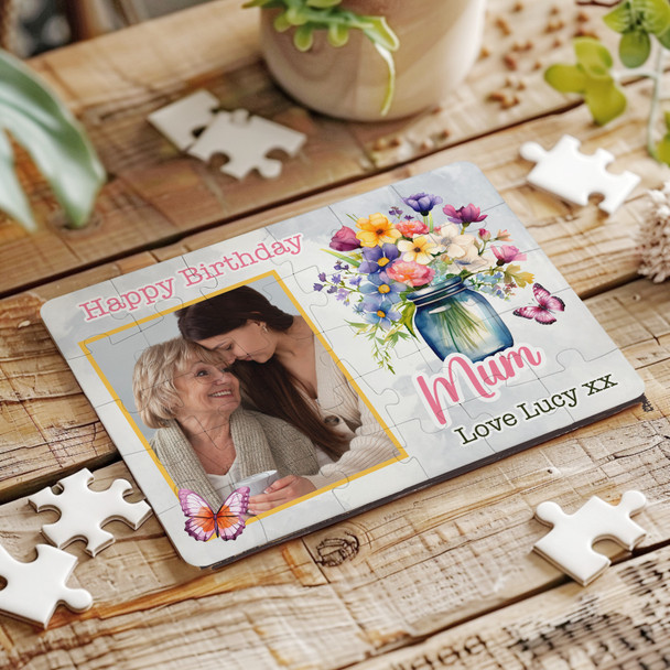 FREE WITH ORDERS OVER £30! - Birthday Gift Mum Flowers Glass Jar Photo Personalised Wooden Jigsaw Puzzle