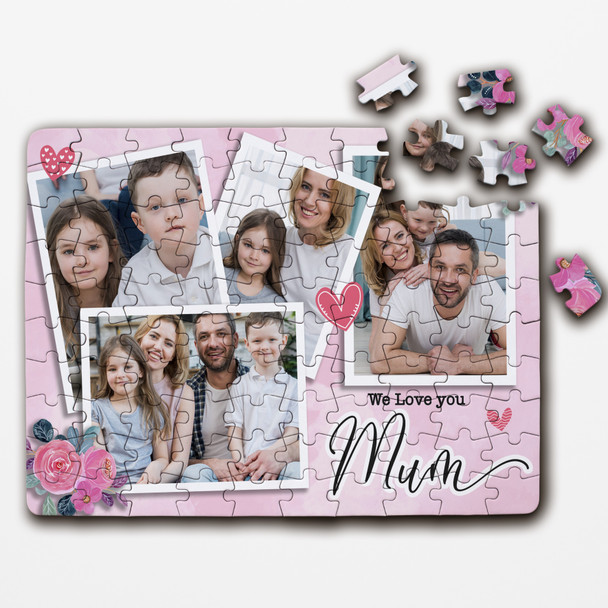 FREE WITH ORDERS OVER £30! - Gift For Mum Pink Floral Photo Collage Custom Personalised Wooden Jigsaw Puzzle
