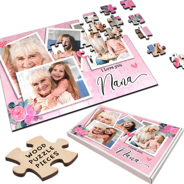 FREE WITH ORDERS OVER £30! - Gift For Nana Pink Floral Photo Collage Custom Personalised Wooden Jigsaw Puzzle