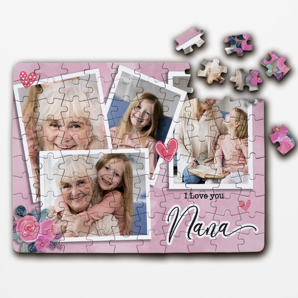 FREE WITH ORDERS OVER £30! - Gift For Nana Pink Floral Photo Collage Custom Personalised Wooden Jigsaw Puzzle