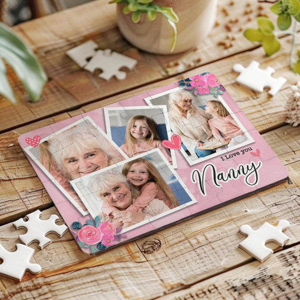 FREE WITH ORDERS OVER £30! - Gift For Nanny Pink Floral Photo Collage Personalised Wooden Jigsaw Puzzle
