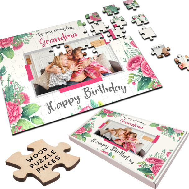 FREE WITH ORDERS OVER £30! - Pink Floral Birthday Gift For Grandma Photo Personalised Wooden Jigsaw Puzzle