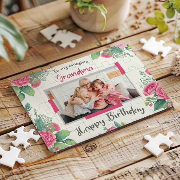 FREE WITH ORDERS OVER £30! - Pink Floral Birthday Gift For Grandma Photo Personalised Wooden Jigsaw Puzzle