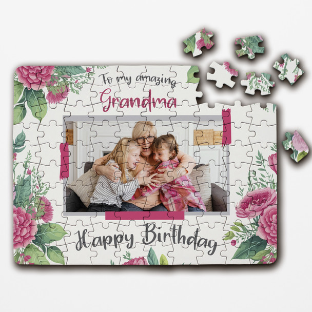 FREE WITH ORDERS OVER £30! - Pink Floral Birthday Gift For Grandma Photo Personalised Wooden Jigsaw Puzzle