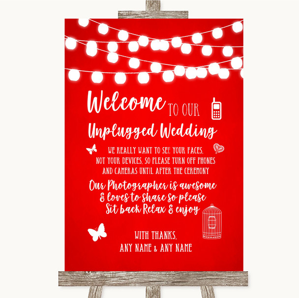 Red Watercolour Lights No Phone Camera Unplugged Personalised Wedding Sign