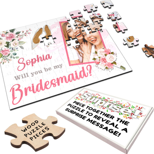 FREE WITH ORDERS OVER £30! - Floral Will You Be My Bridesmaid Gift Photo Personalised Wooden Jigsaw Puzzle