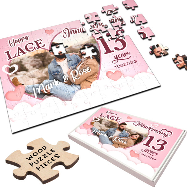 FREE WITH ORDERS OVER £30! - Lace Wedding 13th Anniversary Gift Photo Heart Personalised Wood Jigsaw Puzzle