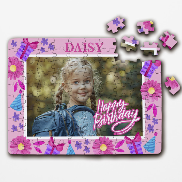 FREE WITH ORDERS OVER £30! - Birthday Gift Girl Kids Floral Photo Frame Personalised Wooden Jigsaw Puzzle
