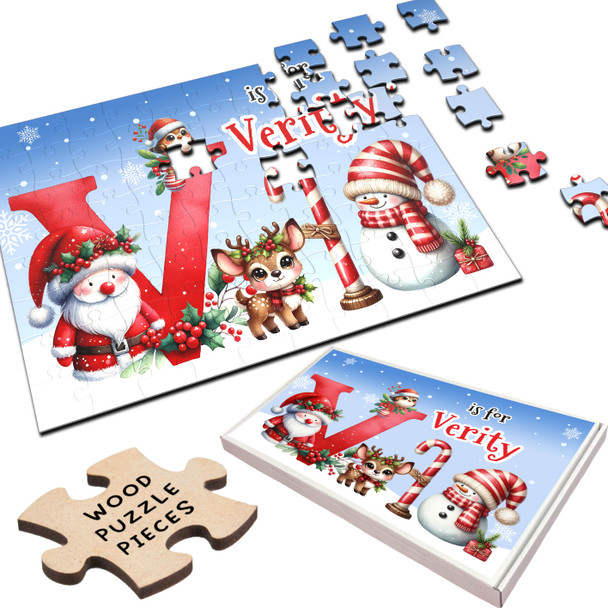FREE WITH ORDERS OVER £30! - Christmas Gift Kids Santa Alphabet Letter V Personalised Wood Jigsaw Puzzle