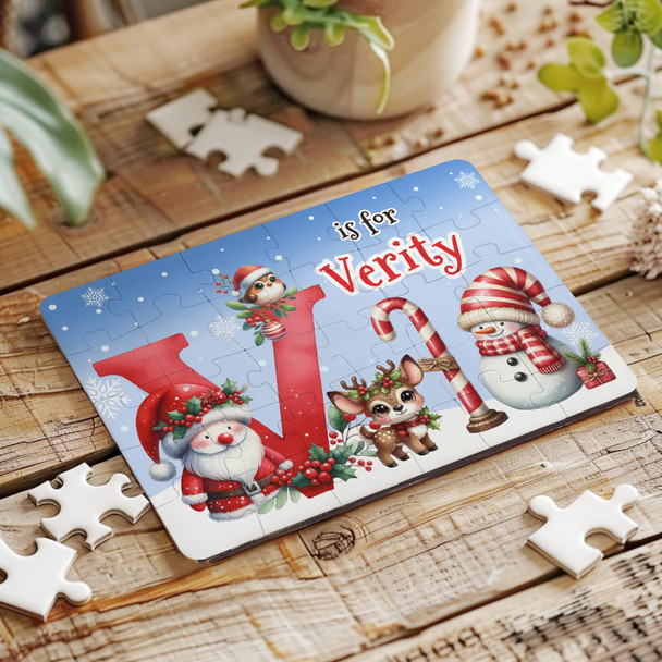 FREE WITH ORDERS OVER £30! - Christmas Gift Kids Santa Alphabet Letter V Personalised Wood Jigsaw Puzzle