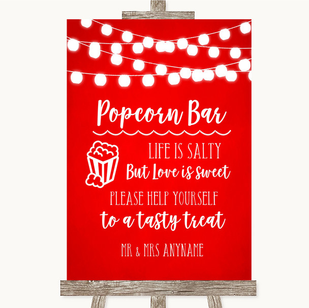 Red Watercolour Lights Popcorn Bar Personalised Wedding Sign