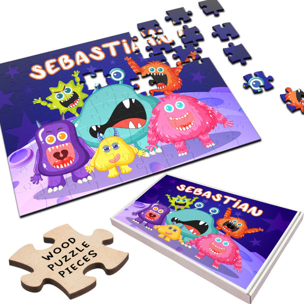 FREE WITH ORDERS OVER £30! - Fun Bright Monsters Gift For Kids Children Personalised Wooden Jigsaw Puzzle