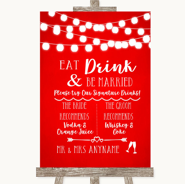 Red Watercolour Lights Signature Favourite Drinks Personalised Wedding Sign