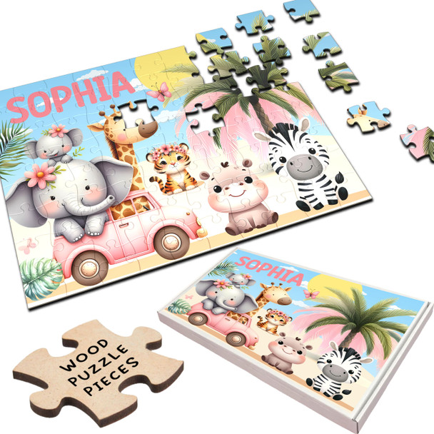 FREE WITH ORDERS OVER £30! - Pink Safari Animals Cute Gift For Girls Custom Personalised Wooden Jigsaw Puzzle FREE WITH ORDERS OVER £30! - Pink Safari Animals Cute Gift For Girls Custom Personalised Wooden Jigsaw Puzzle