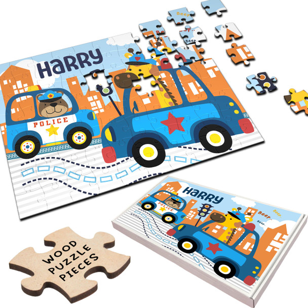 FREE WITH ORDERS OVER £30! - Police Cars Animals Children's Kids Gift Personalised Wooden Jigsaw Puzzle