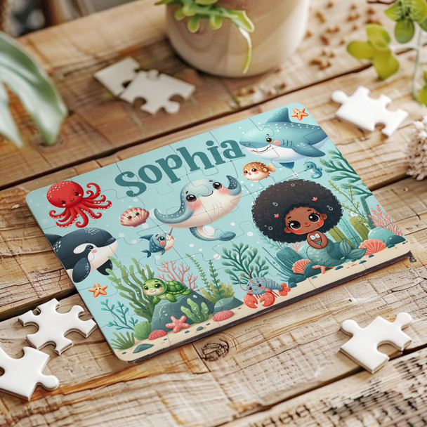 FREE WITH ORDERS OVER £30! - Sealife Dark Skin Mermaid Kids Gift For Girls Personalised Wooden Jigsaw Puzzle FREE WITH ORDERS OVER £30! - Sealife Dark Skin Mermaid Kids Gift For Girls Personalised Wooden Jigsaw Puzzle