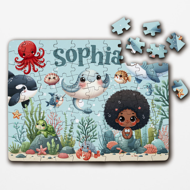 FREE WITH ORDERS OVER £30! - Sealife Dark Skin Mermaid Kids Gift For Girls Personalised Wooden Jigsaw Puzzle FREE WITH ORDERS OVER £30! - Sealife Dark Skin Mermaid Kids Gift For Girls Personalised Wooden Jigsaw Puzzle