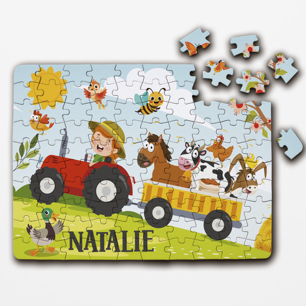 FREE WITH ORDERS OVER £30! - Tractor Animal Farm Girl Children's Kids Gift Personalised Wooden Jigsaw Puzzle