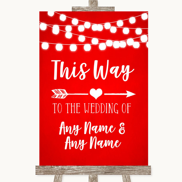 Red Watercolour Lights This Way Arrow Right Personalised Wedding Sign