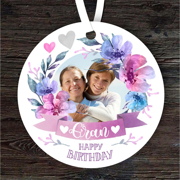 Gran Happy Birthday Gift Flower Wreath Purple Round Personalised Ornament