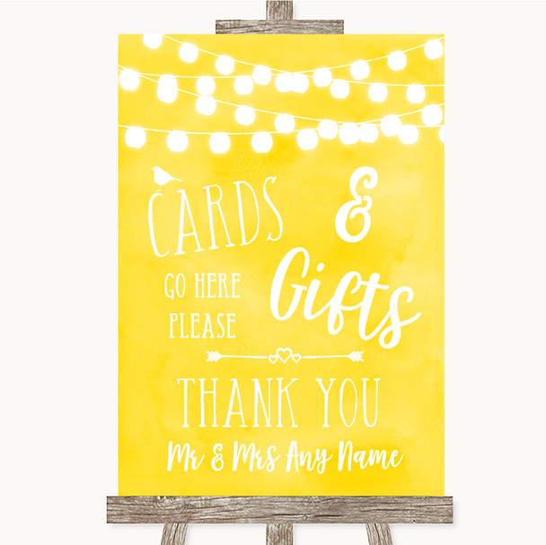 Yellow Watercolour Lights Cards and Gifts Table Personalised Wedding Sign