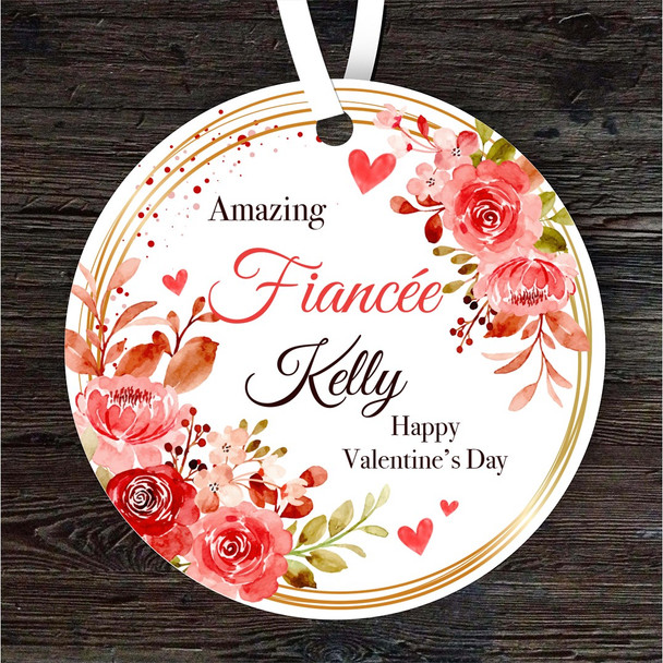 Fiancee Watercolour Red Floral Valentine's Day Gift Round Personalised Ornament