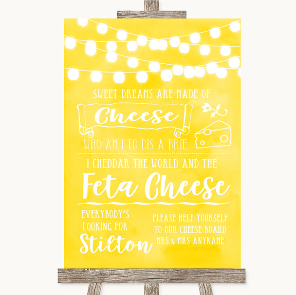 Yellow Watercolour Lights Cheeseboard Cheese Song Personalised Wedding Sign