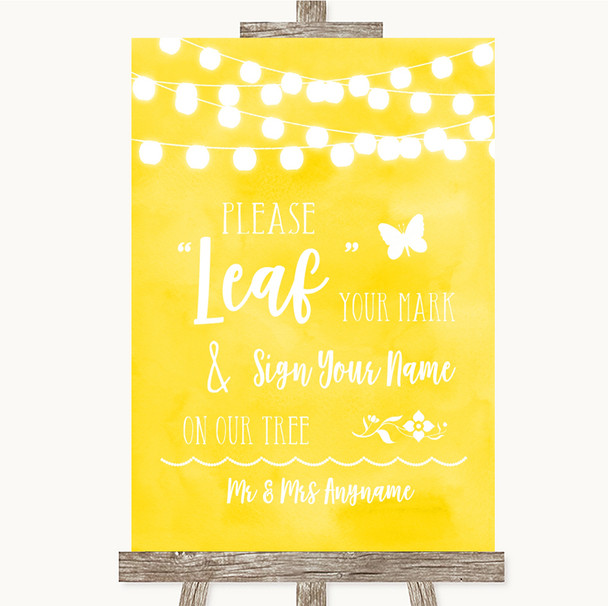 Yellow Watercolour Lights Fingerprint Tree Instructions Wedding Sign