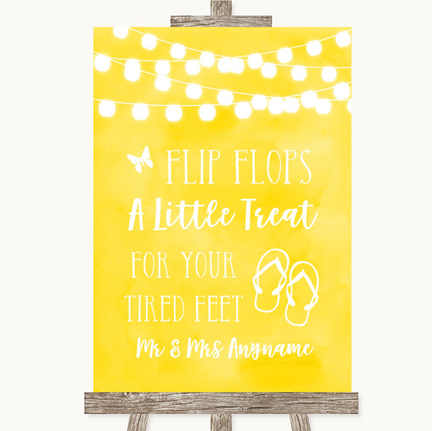 Yellow Watercolour Lights Flip Flops Dancing Shoes Personalised Wedding Sign