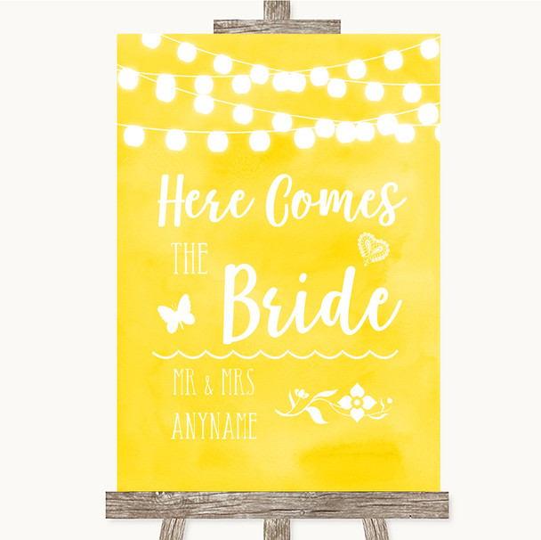 Yellow Watercolour Lights Here Comes Bride Aisle Personalised Wedding Sign