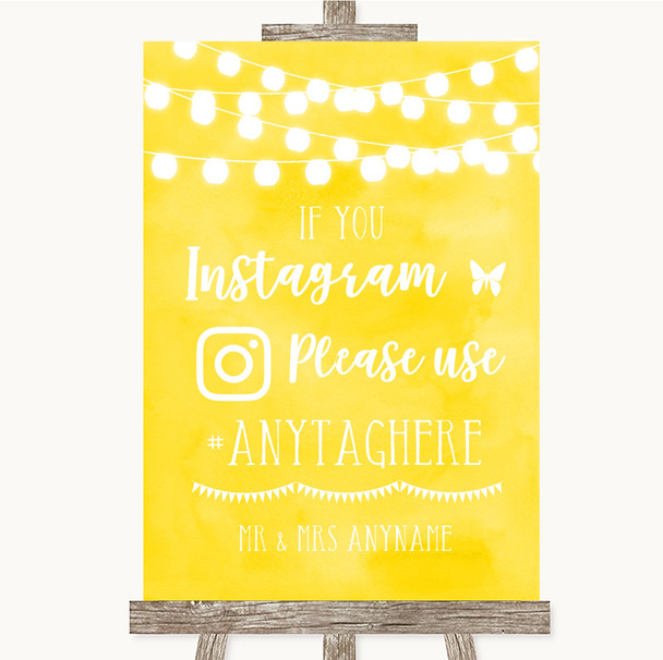 Yellow Watercolour Lights Instagram Hashtag Personalised Wedding Sign