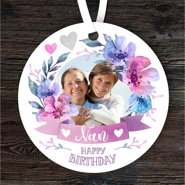 FREE WITH ORDERS OVER £20! - Nan Happy Birthday Gift Flower Wreath Purple Round Personalised Hanging Ornament