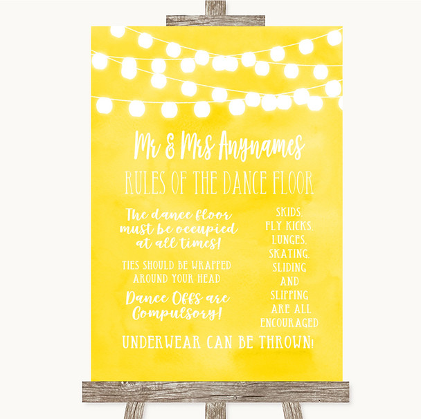 Yellow Watercolour Lights Rules Of The Dance Floor Personalised Wedding Sign