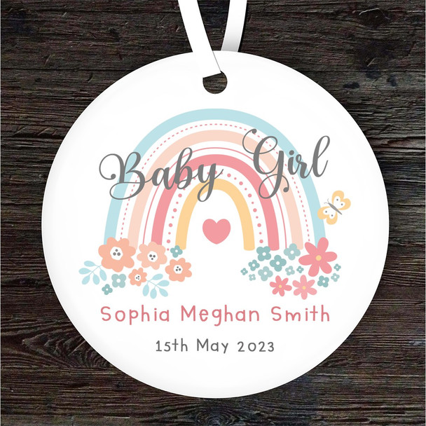 FREE WITH ORDERS OVER £20! - New Baby Girl Pastel Rainbow Flowers Personalised Gift Keepsake Hanging Ornament