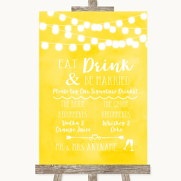 Yellow Watercolour Lights Signature Favourite Drinks Personalised Wedding Sign