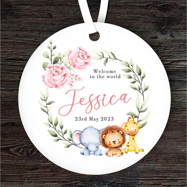 FREE WITH ORDERS OVER £20! - Animal Safari Wreath New Baby Round Personalised Gift Keepsake Hanging Ornament