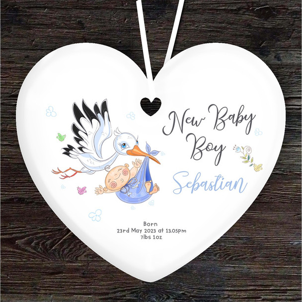 FREE WITH ORDERS OVER £20! - New Baby Boy Stork Birth Details Heart Personalised Gift Hanging Ornament