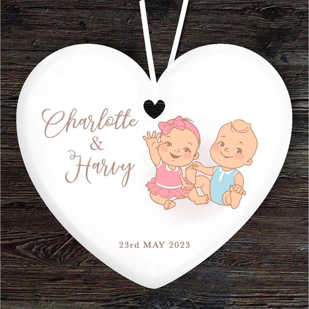 FREE WITH ORDERS OVER £20! - New Baby Girl And Boy Twins Heart Personalised Gift Keepsake Hanging Ornament